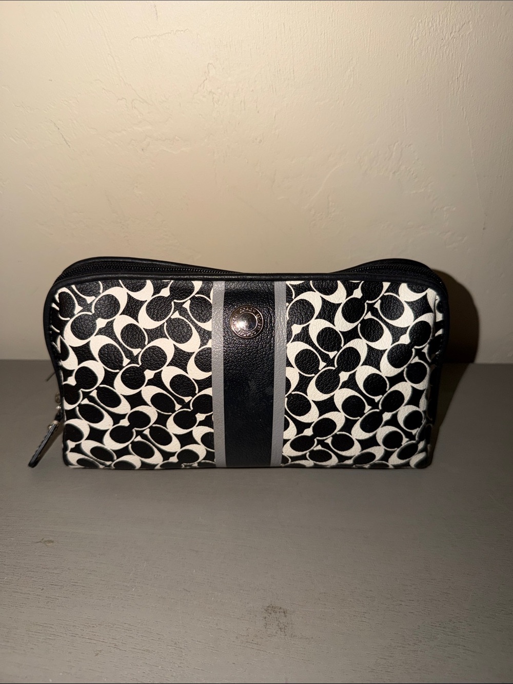 Coach Black and White Signature Stripe Cosmetic Pouch